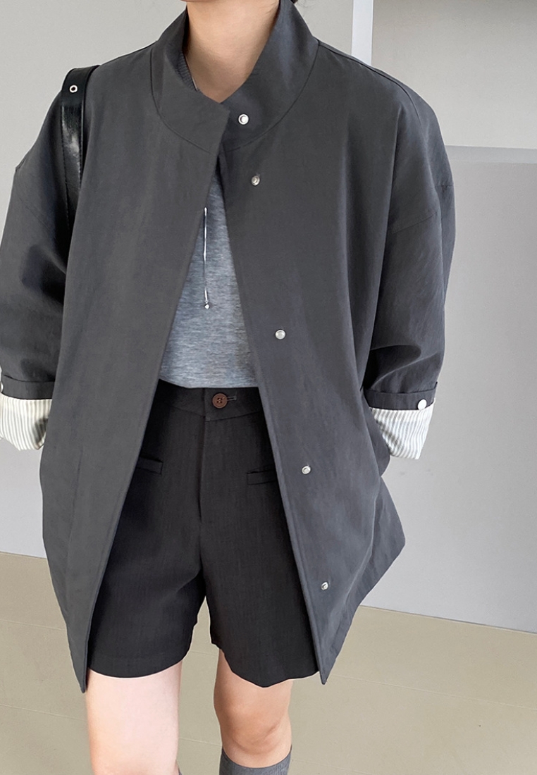 New silhouette mid-length workwear loose stand collar trench coat K091604GY-S