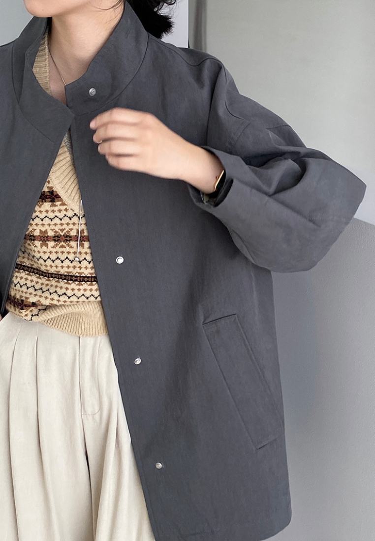 New silhouette mid-length workwear loose stand collar trench coat K091604GY-S