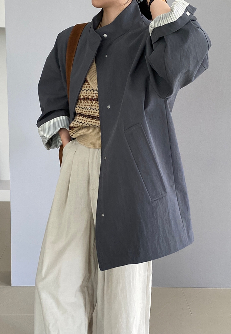 New silhouette mid-length workwear loose stand collar trench coat K091604GY-S
