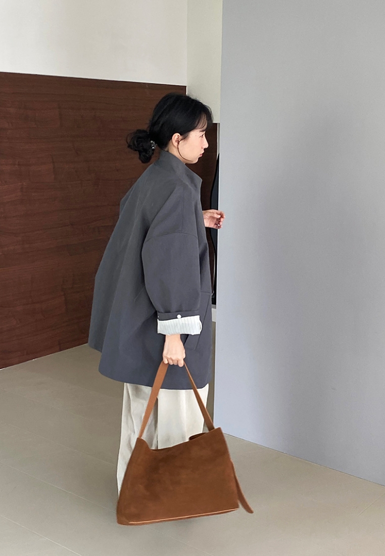 New silhouette mid-length workwear loose stand collar trench coat K091604GY-S