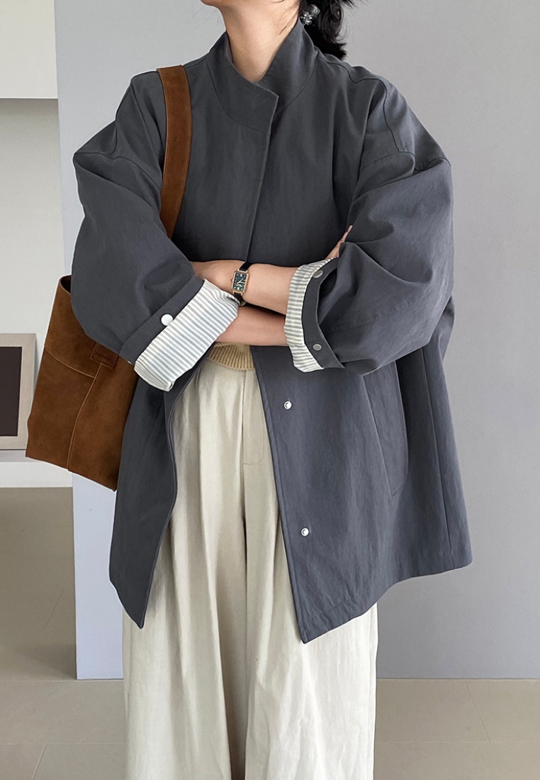 New silhouette mid-length workwear loose stand collar trench coat K091604GY-S
