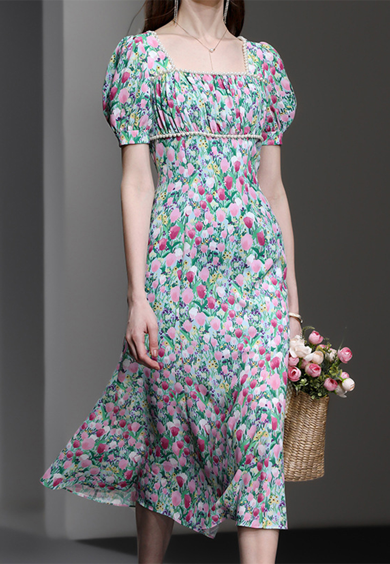 2024 temperament blue waist cinched printed dress CA24090339MT