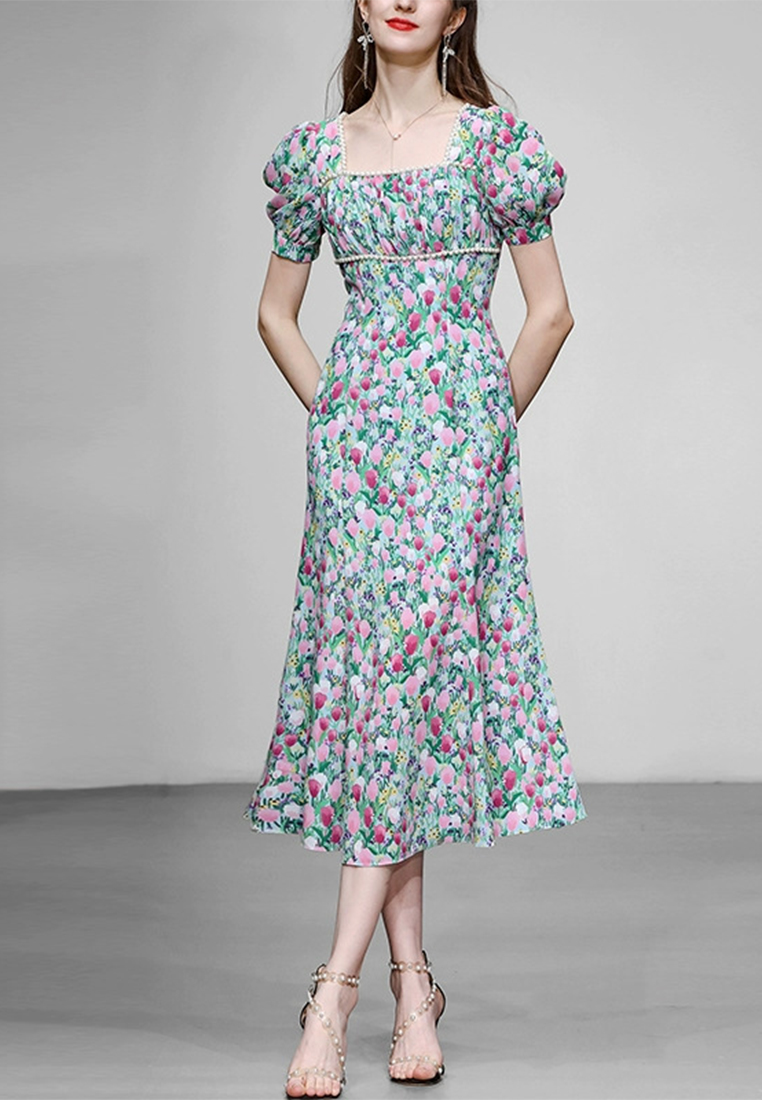 2024 temperament blue waist cinched printed dress CA24090339MT