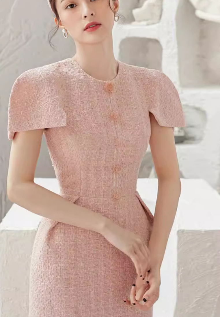 New light pink tweed temperament dress K100210PI-L