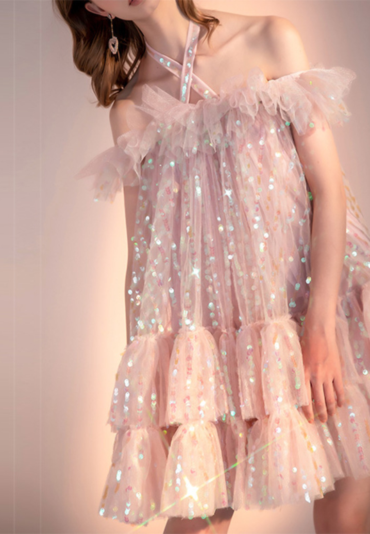 New style off-shoulder sequined tutu mesh dress K100205