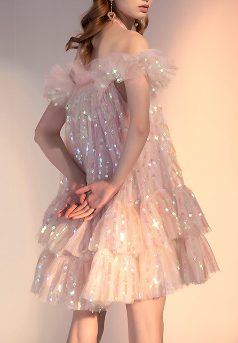 New style off-shoulder sequined tutu mesh dress K100205