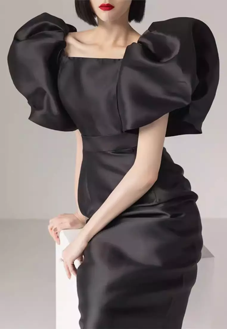 Elegant bubble sleeve slim fit dress CA24102532BK