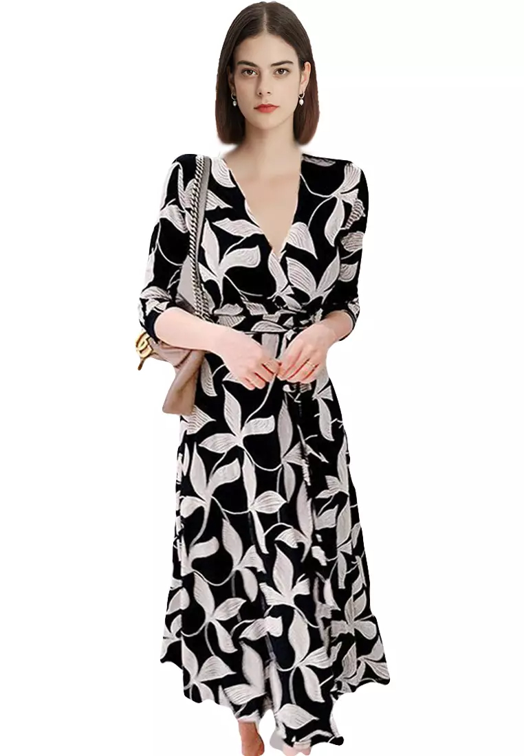 Elegant Vintage V-Neck Half Sleeve Lace Up Waist Printed Midi Dress A23022422RD-sunnydaysweety