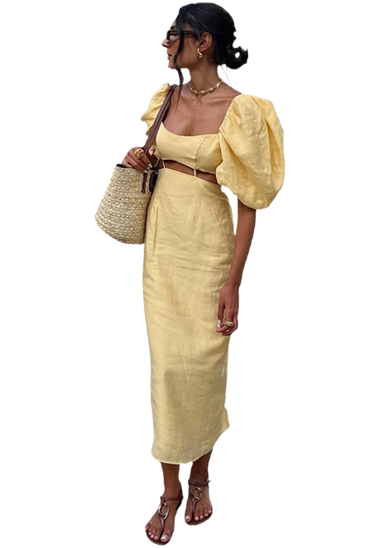 New puff sleeve yellow high waist dress CA225042271YE