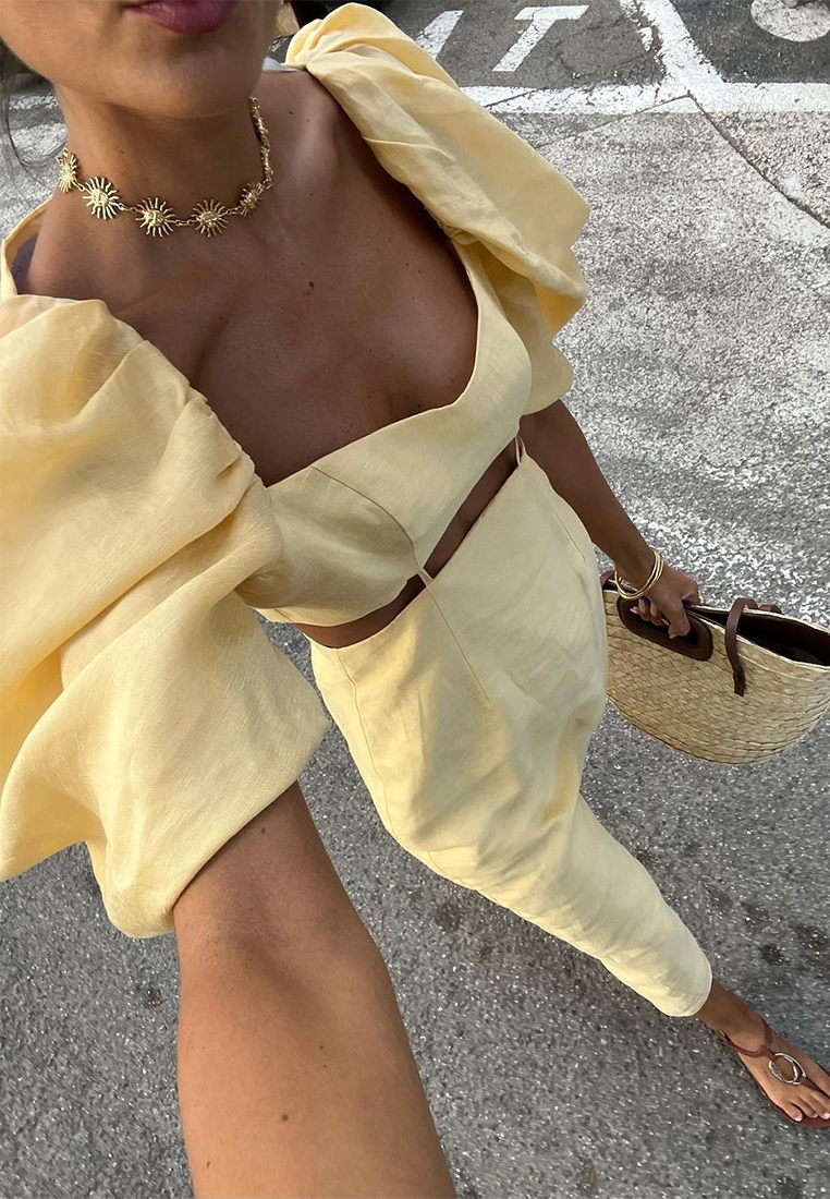 New puff sleeve yellow high waist dress CA225042271YE