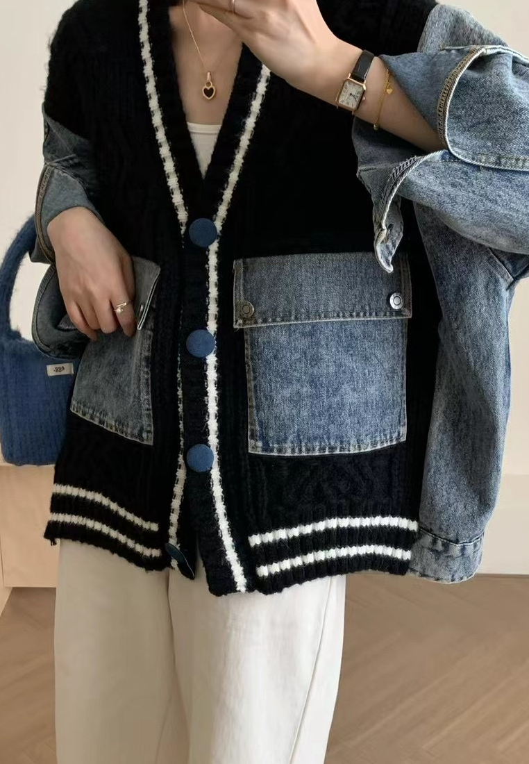 Temperament new denim splicing knitted jacket Cardigans K121001BL
