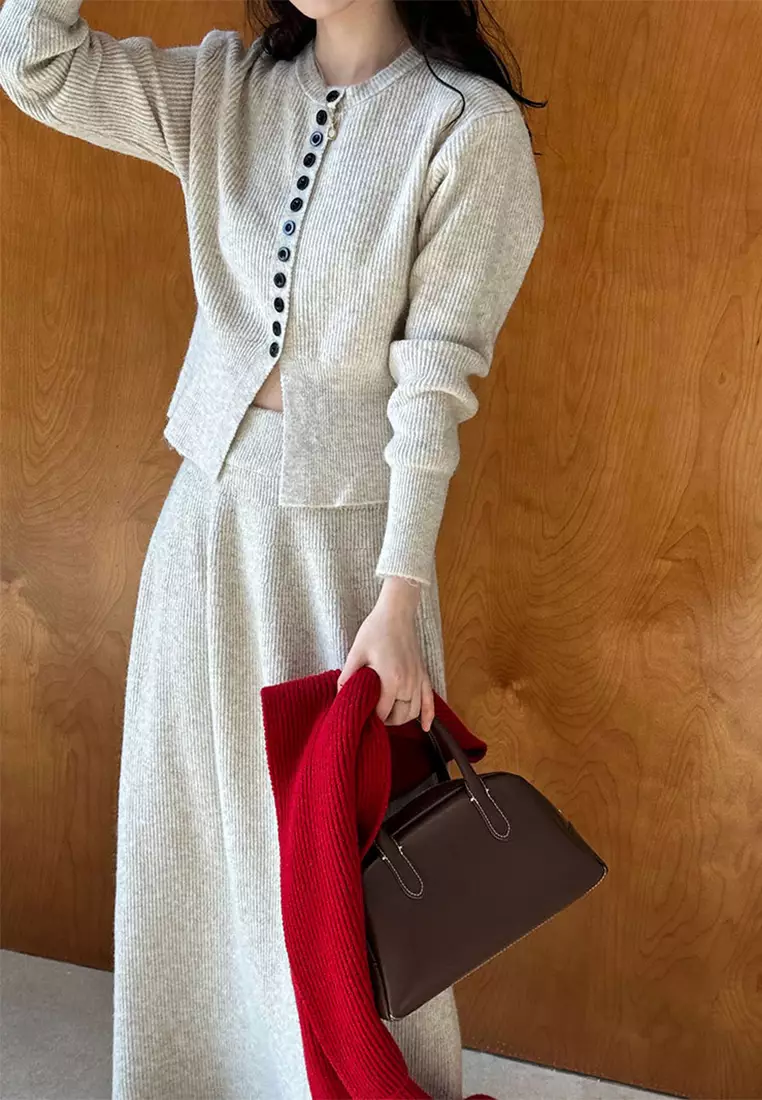 French round neck sweater cardigan skirt set CA24092356GY