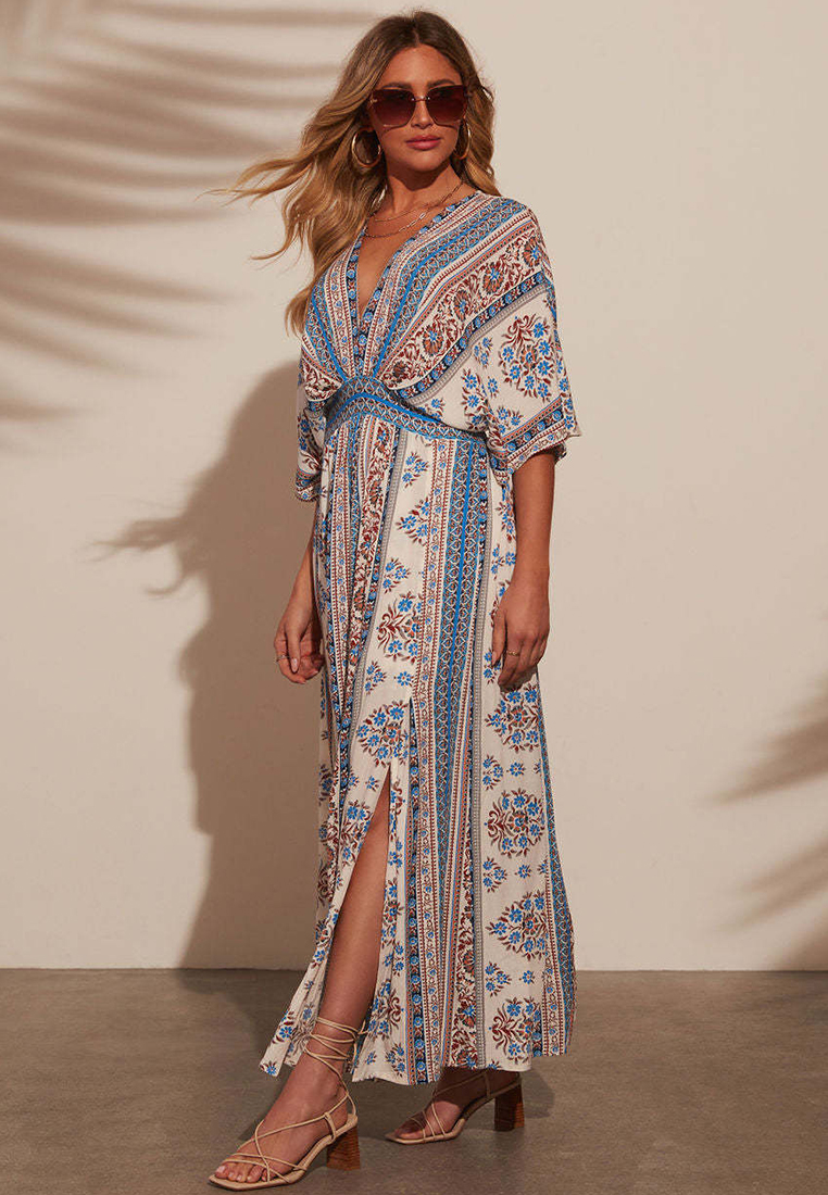 Summer printed short sleeved printed V-neck dress CA25042274BE