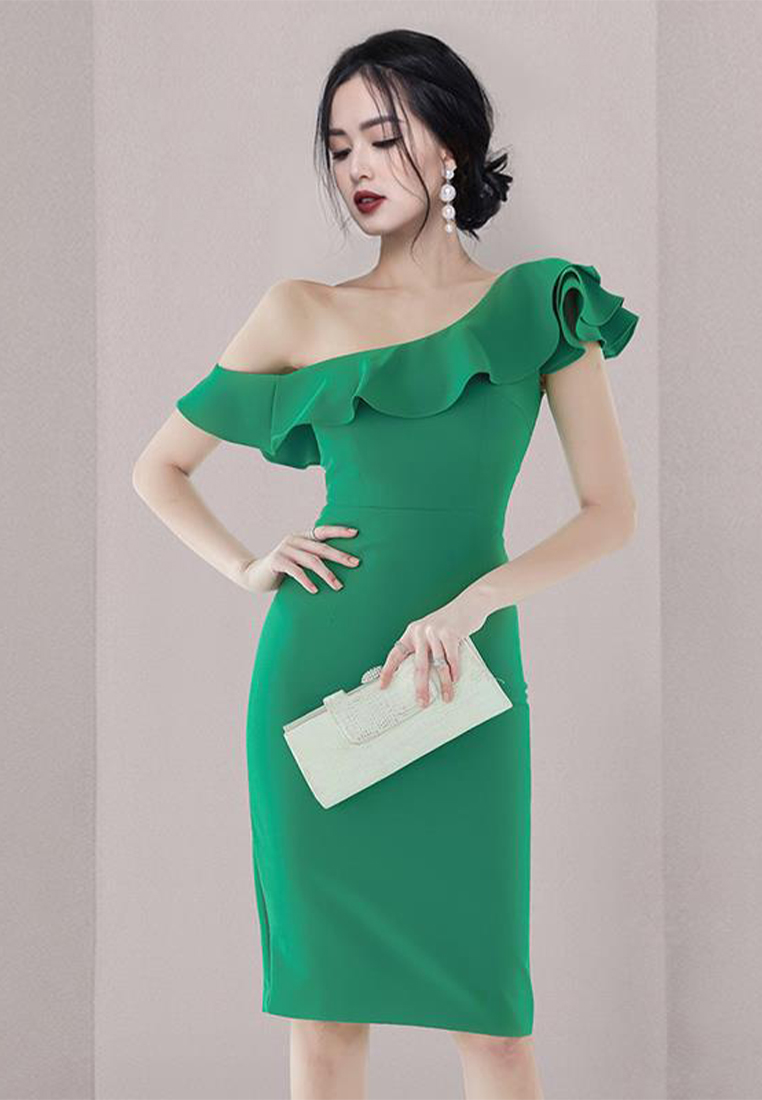 Elegant ruffled off-shoulder slit dress CA100574GR