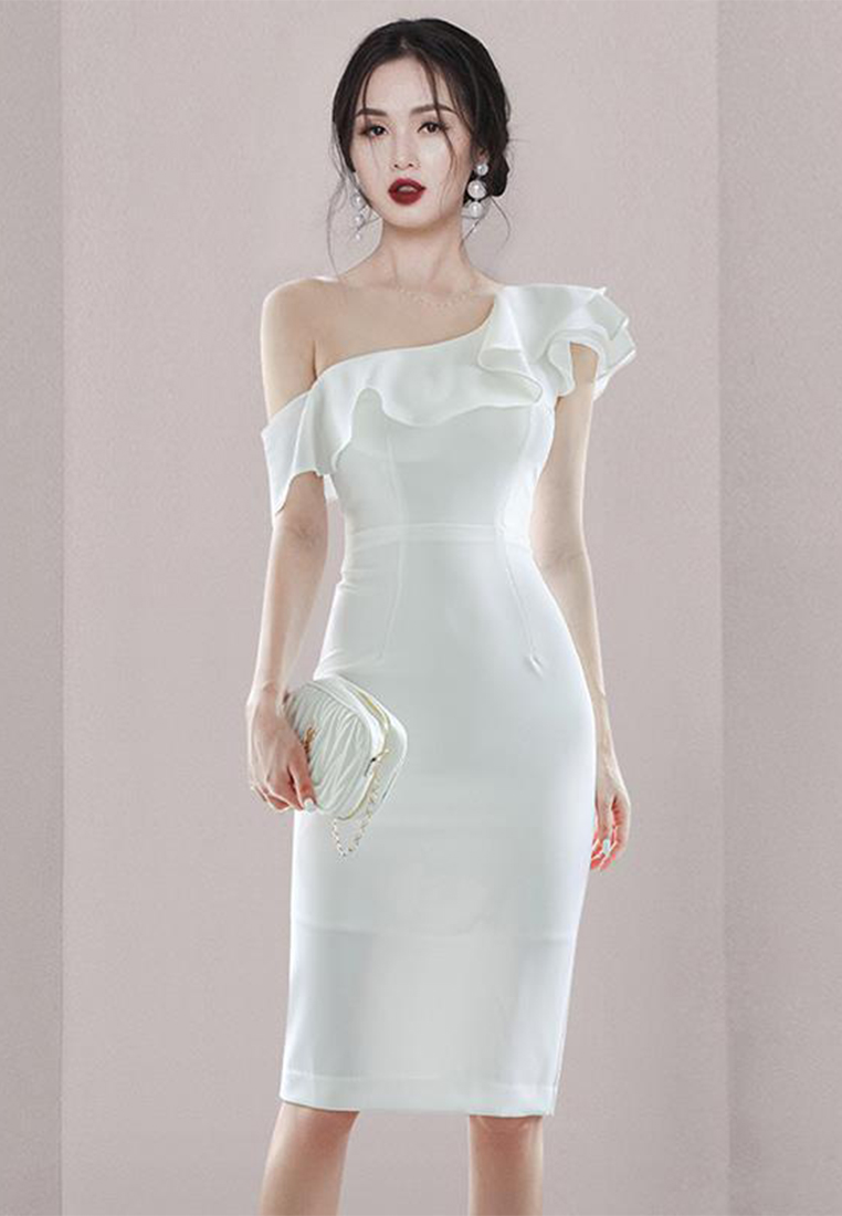 Elegant ruffled off-shoulder slit dress CA100574GR