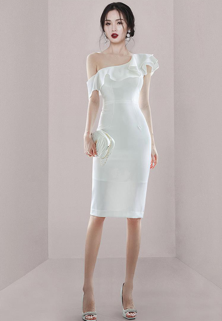 Elegant ruffled off-shoulder slit dress CA100574GR