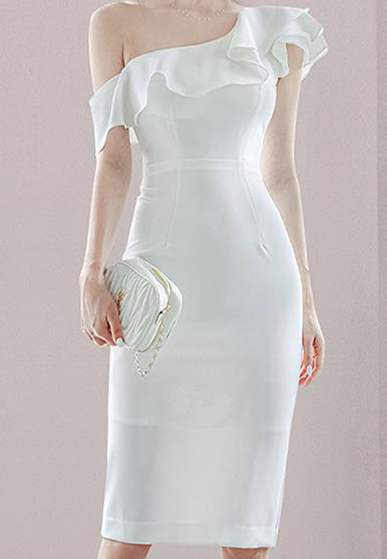 Elegant ruffled off-shoulder slit dress CA100574GR