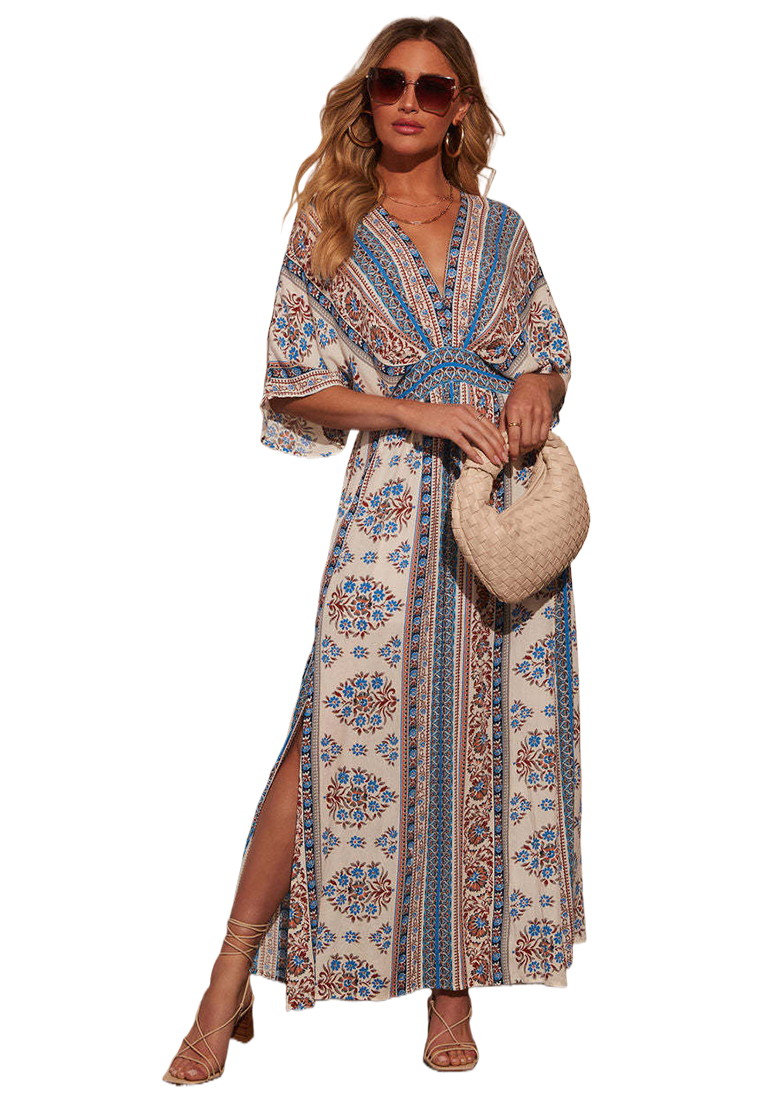 Summer printed short sleeved printed V-neck dress CA25042274BE