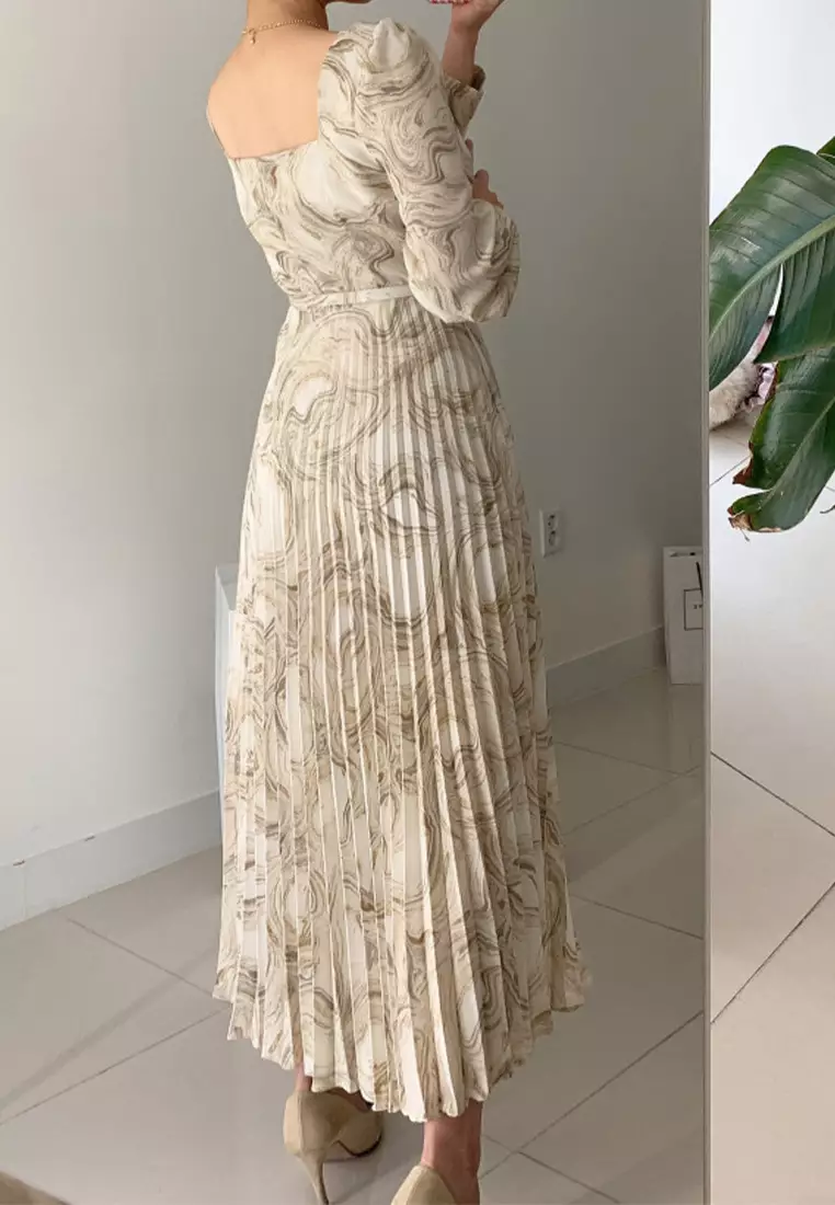 Fashionable printed waist cinching dress with belt included CA24092746MT