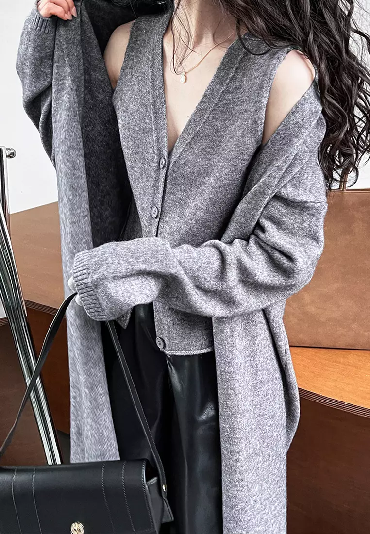 Long knitted cardigan vest vest vest vest suit CA24092351GY