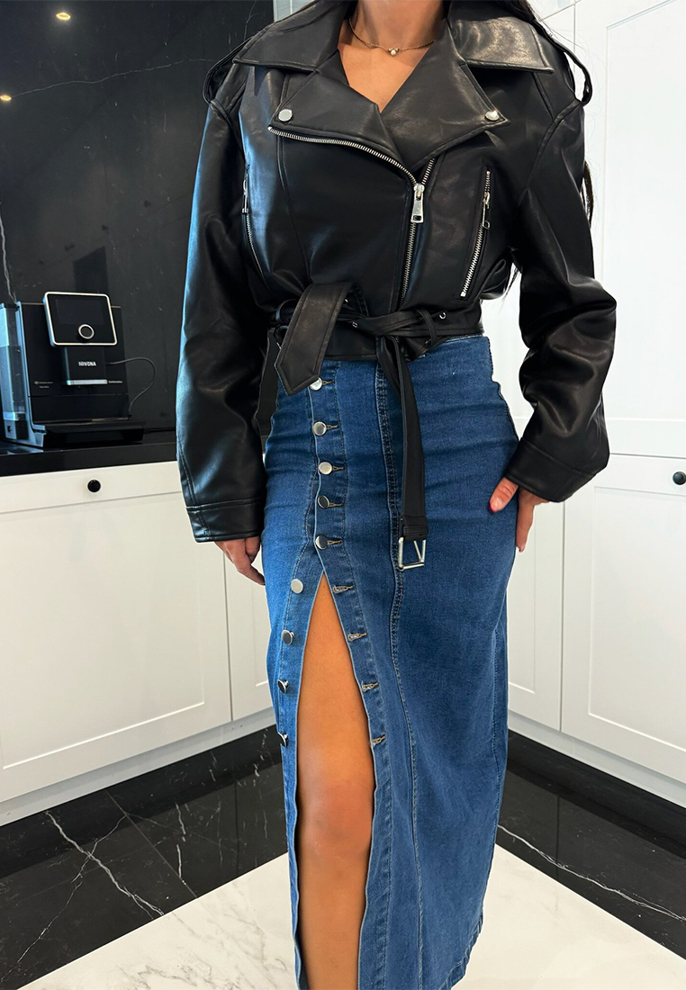 New button slim fit split half body denim skirt CA25042275BK