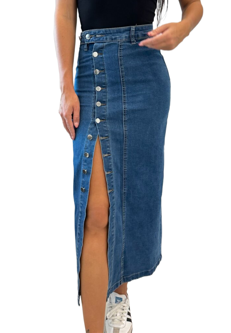 New button slim fit split half body denim skirt CA25042275BK