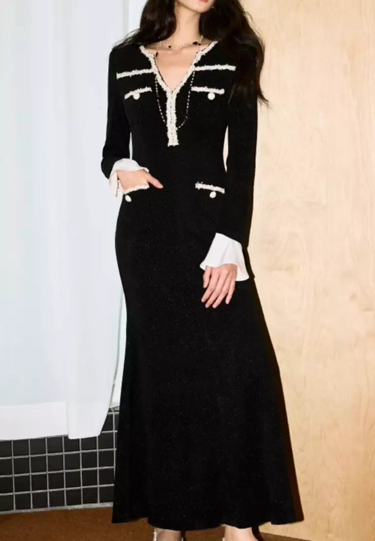 New elegant fishtail v-neck long-sleeved dress K103106