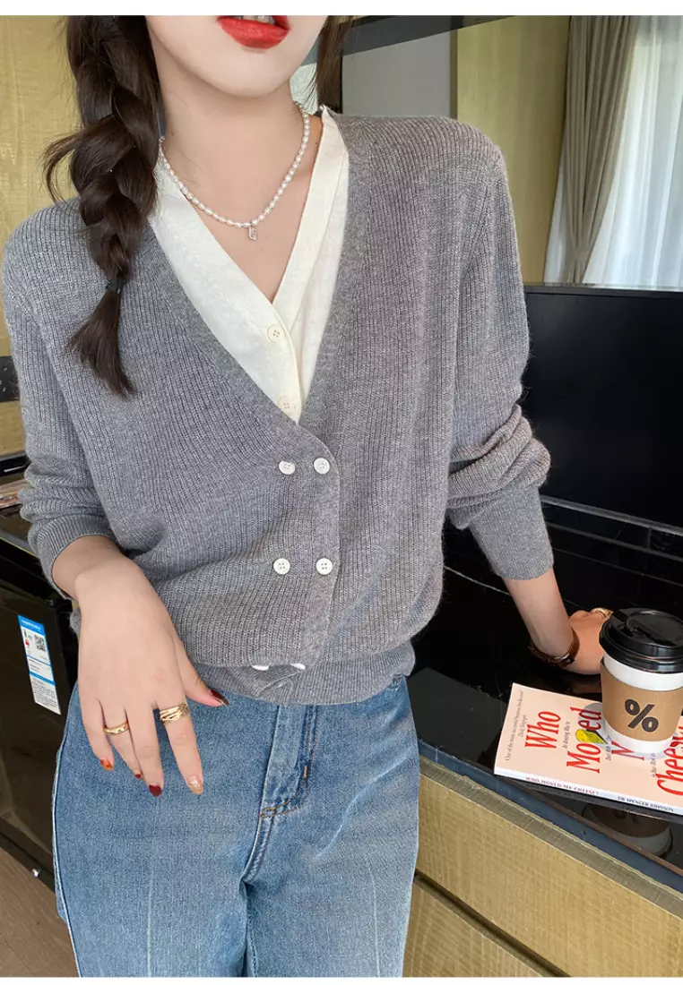 Temperament new color block V-neck knitted fake two-piece top K112505GY