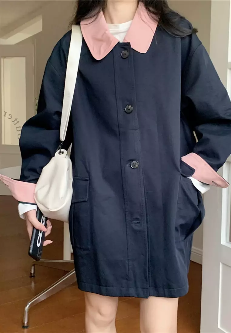 Color blocking versatile long casual windbreaker jacket CA24092323BL