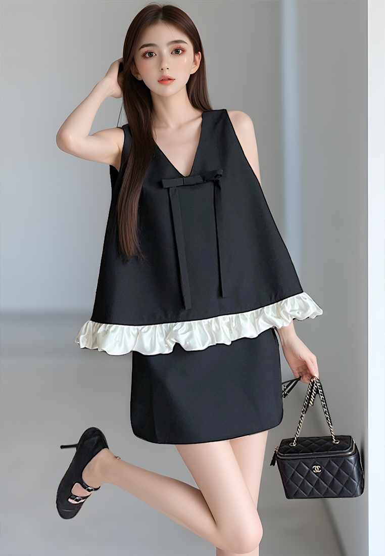 Summer Sleeveless Loose Bow Vest High-Waist Hip-Wrap Skirt Two-Piece Set CA25061776BK