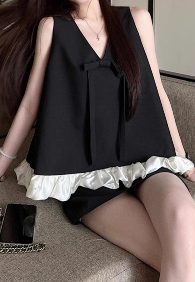 Summer Sleeveless Loose Bow Vest High-Waist Hip-Wrap Skirt Two-Piece Set CA25061776BK