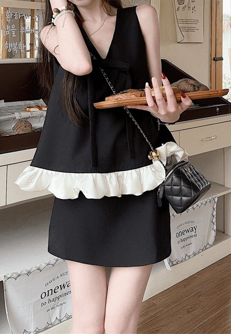 Summer Sleeveless Loose Bow Vest High-Waist Hip-Wrap Skirt Two-Piece Set CA25061776BK