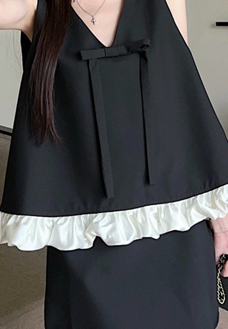Summer Sleeveless Loose Bow Vest High-Waist Hip-Wrap Skirt Two-Piece Set CA25061776BK
