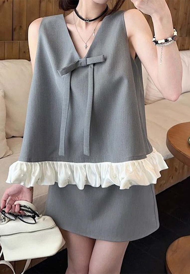 Summer Sleeveless Loose Bow Vest High-Waist Hip-Wrap Skirt Two-Piece Set CA25061776BK