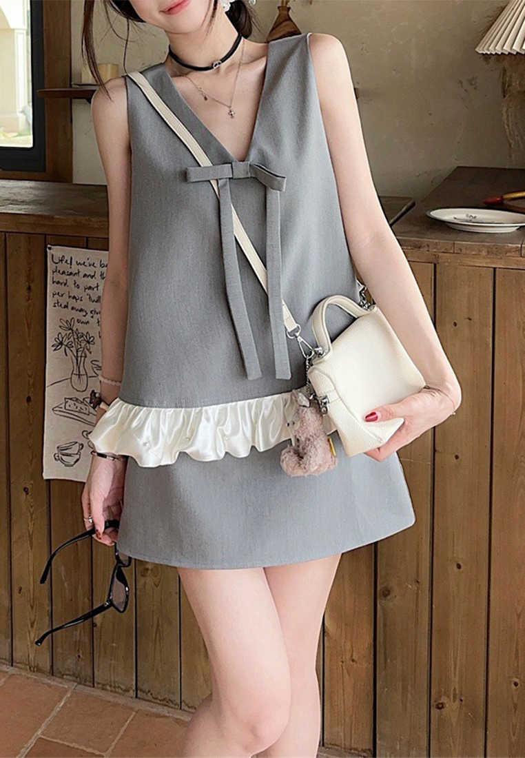 Summer Sleeveless Loose Bow Vest High-Waist Hip-Wrap Skirt Two-Piece Set CA25061776BK