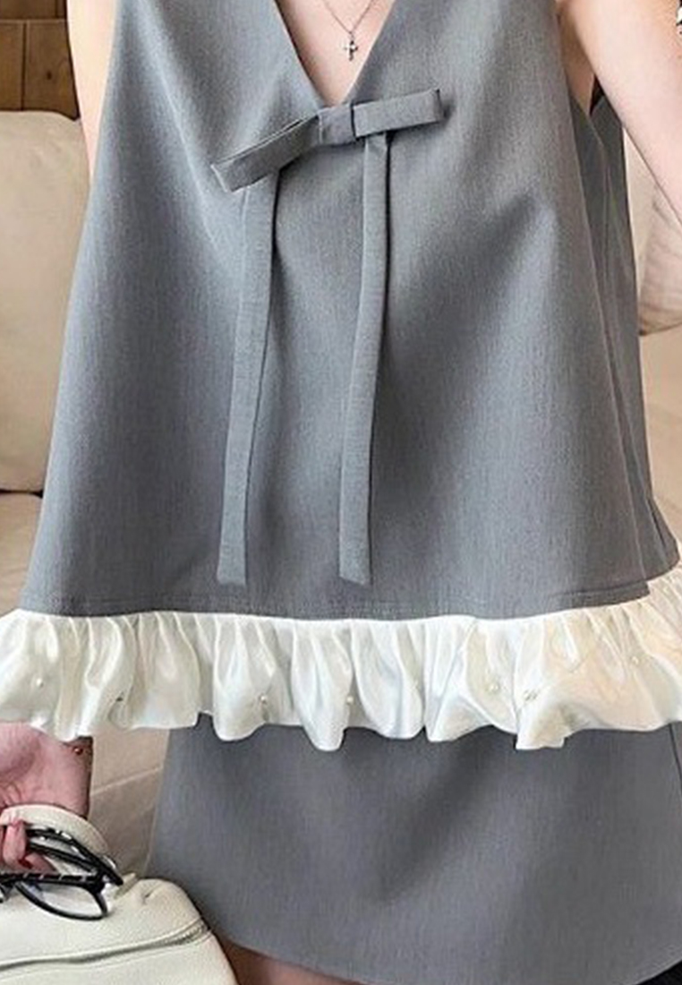 Summer Sleeveless Loose Bow Vest High-Waist Hip-Wrap Skirt Two-Piece Set CA25061776BK