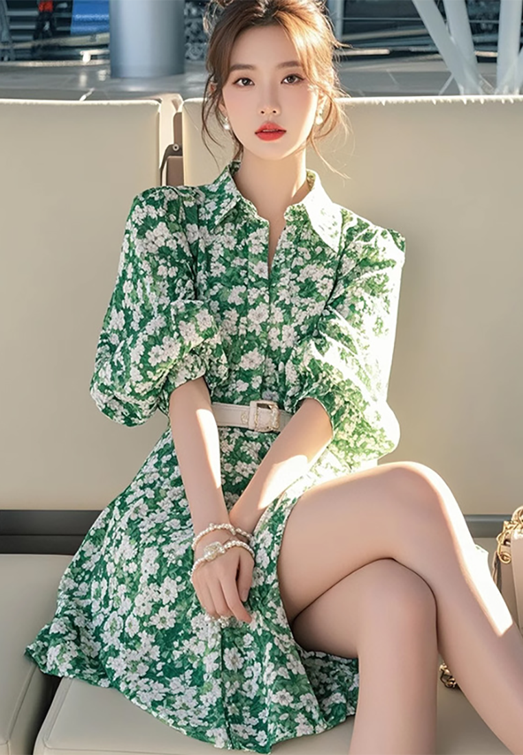 Elegant green floral long sleeved shirt dress CA25031919GR