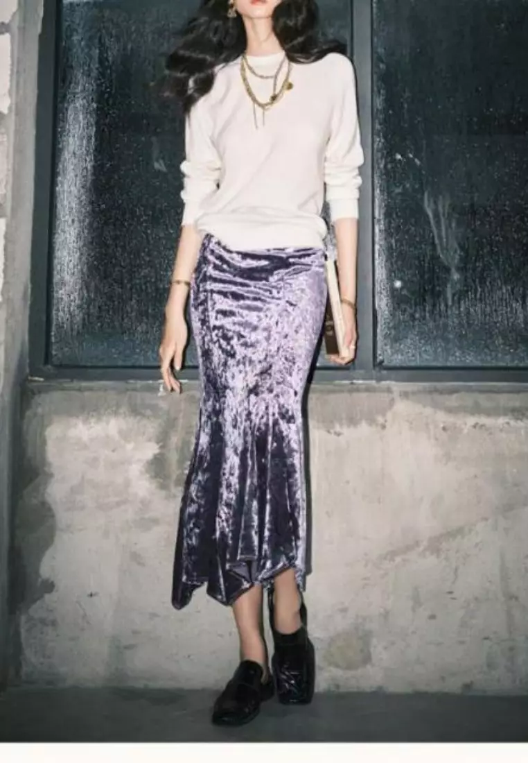 Temperament new diamond gloss velvet irregular fishtail skirt K102203GY