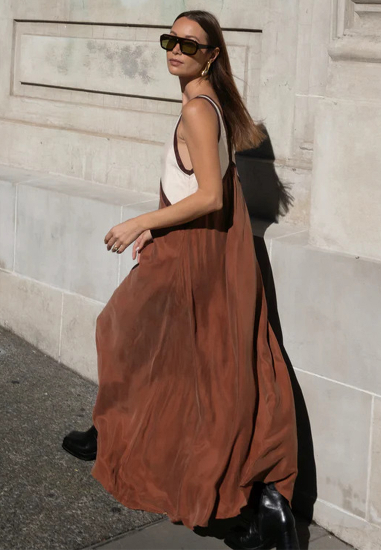 Fashionable sleeveless color blocked large swing dress CA25042277GR