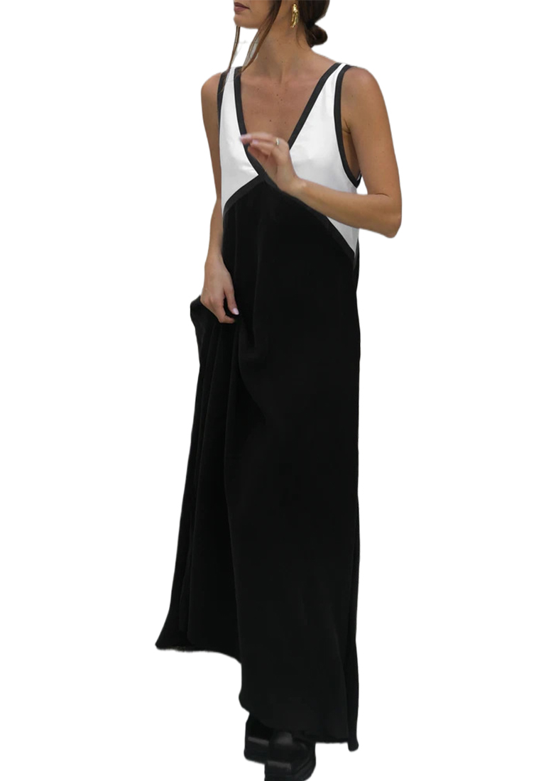 Fashionable sleeveless color blocked large swing dress CA25042277GR