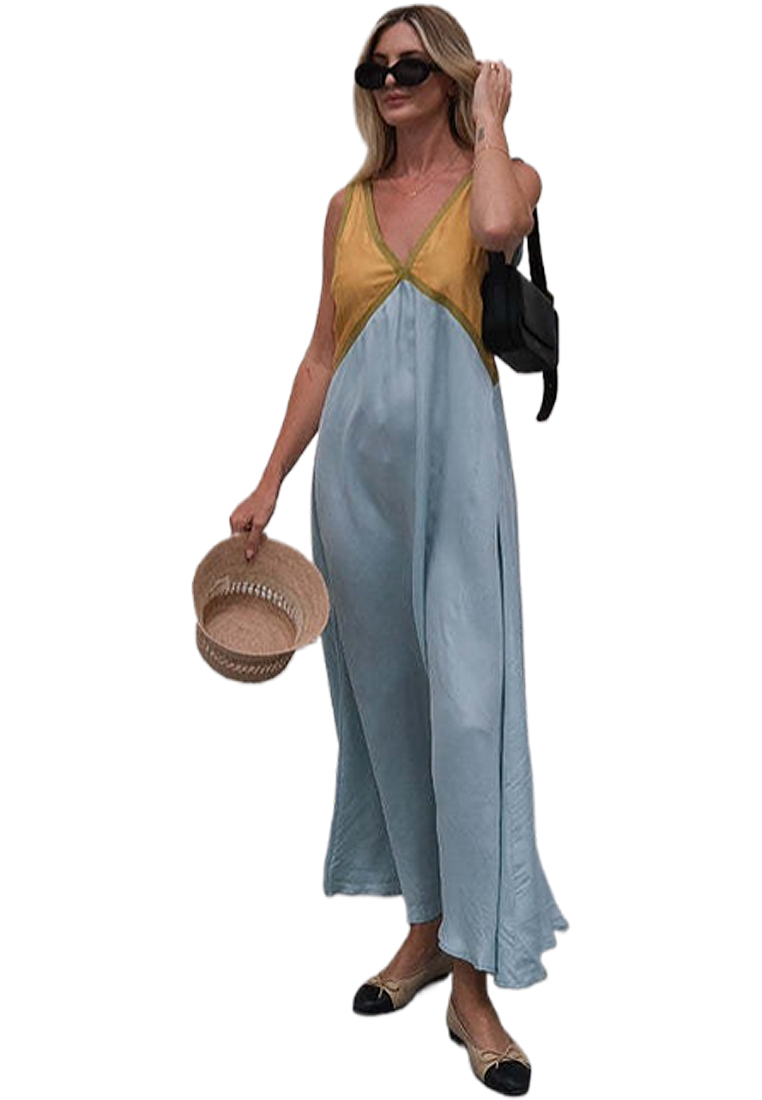 Fashionable sleeveless color blocked large swing dress CA25042277GR