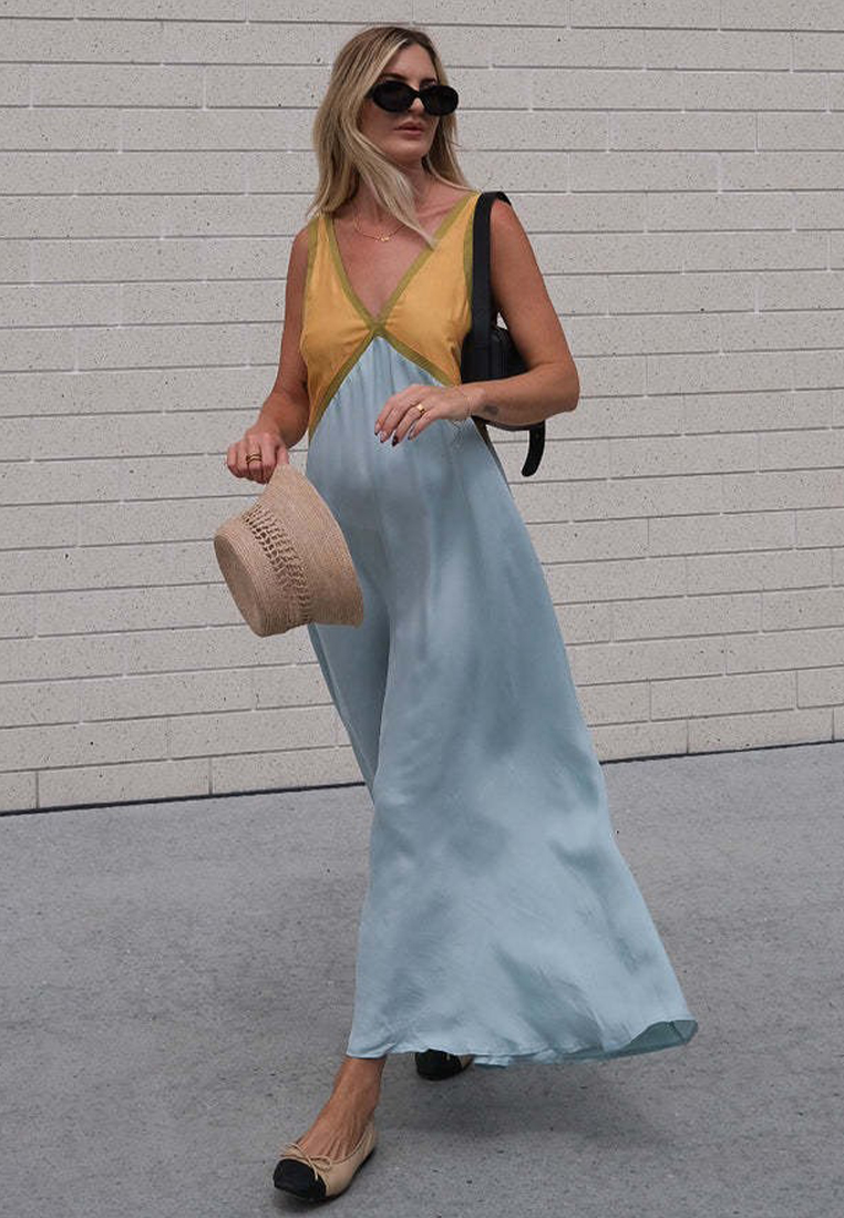 Fashionable sleeveless color blocked large swing dress CA25042277GR