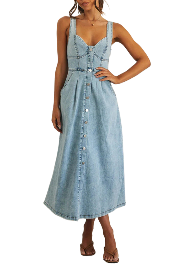 European and American casual style button suspender denim dress CA225042278BL