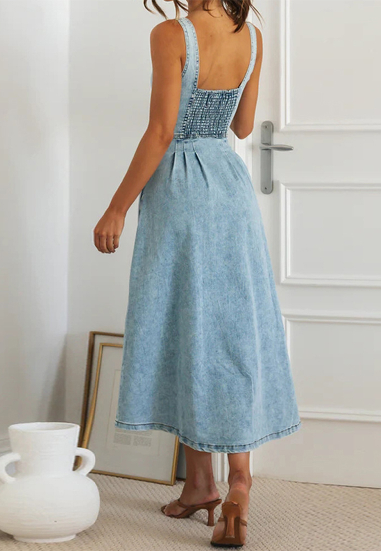 European and American casual style button suspender denim dress CA225042278BL