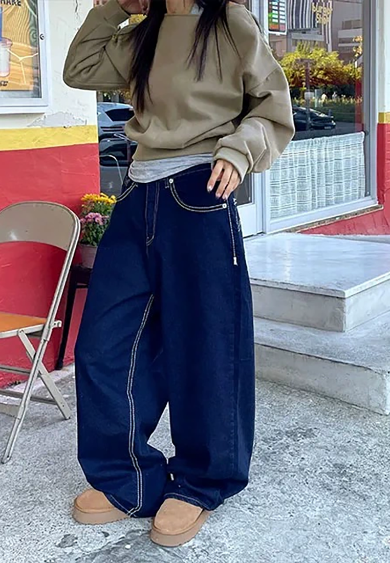 New retro Hong Kong style high waist straight loose denim trousers CA25021309BL