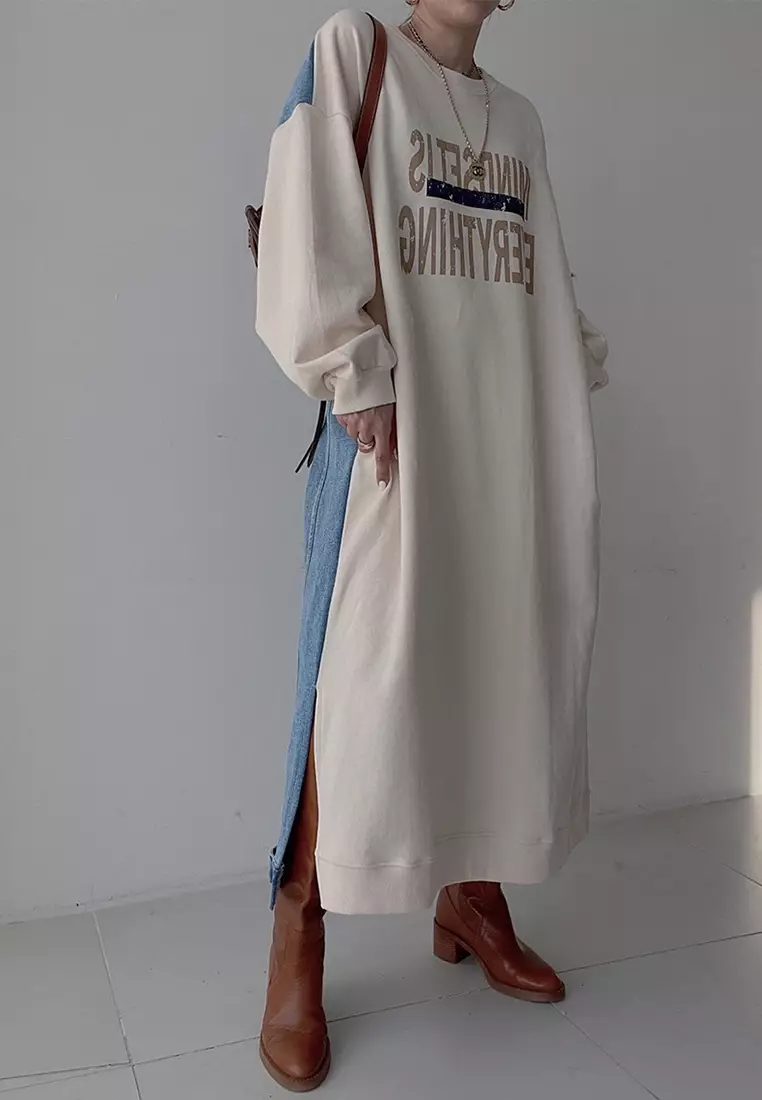 Korean printed patchwork denim loose dress CA24092506GY