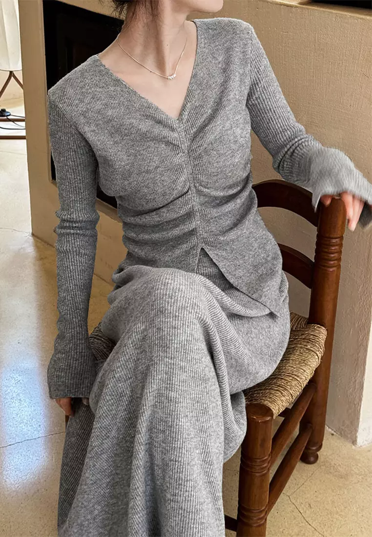 New slim fit pleated top knitted skirt set CA24092353BK