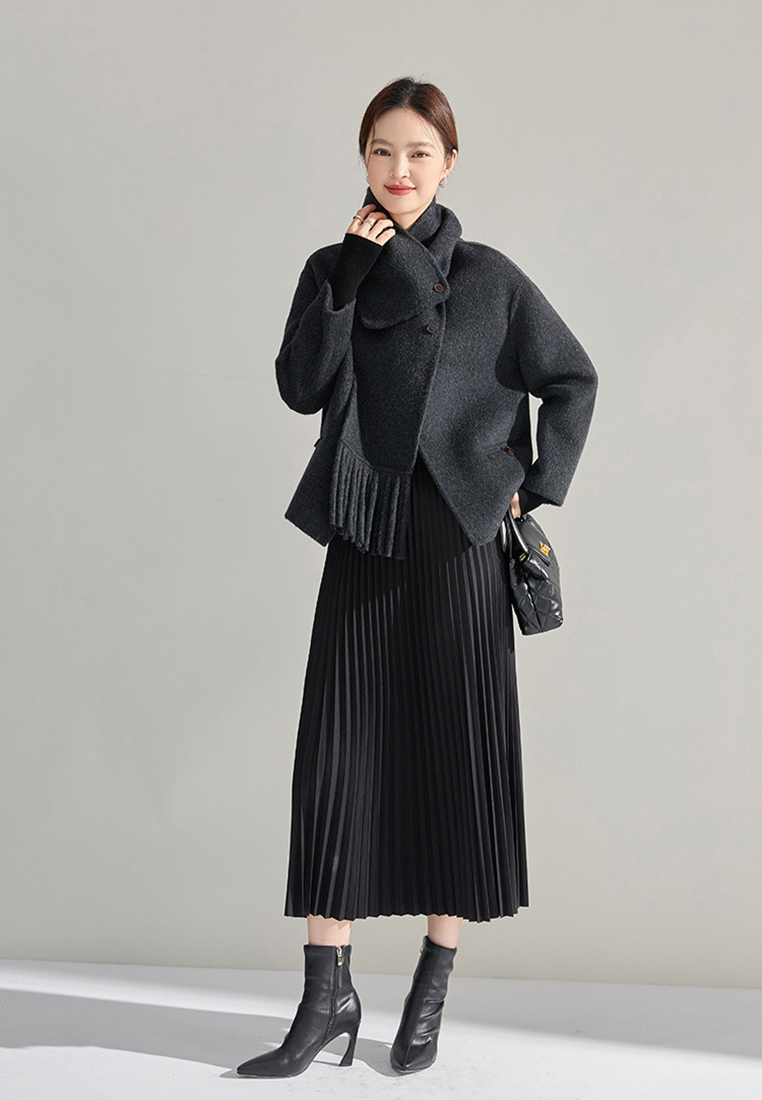 Winter detachable tassel scarf camel hair double-faced wool coat CA25010704GY