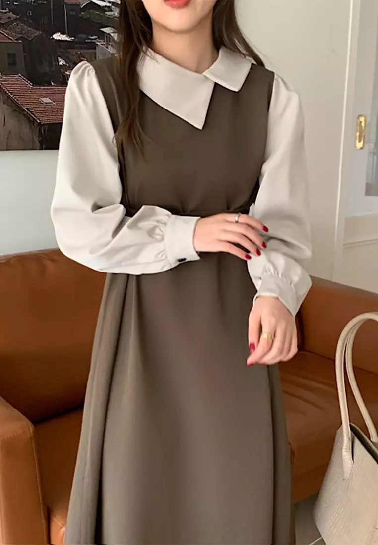 French retro contrasting lapel patchwork lace up dress CA24092715BW