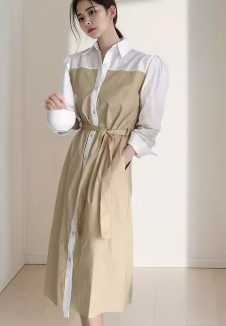 New elegant single-breasted contrasting color splicing shirt long-sleeved dress K103102BE